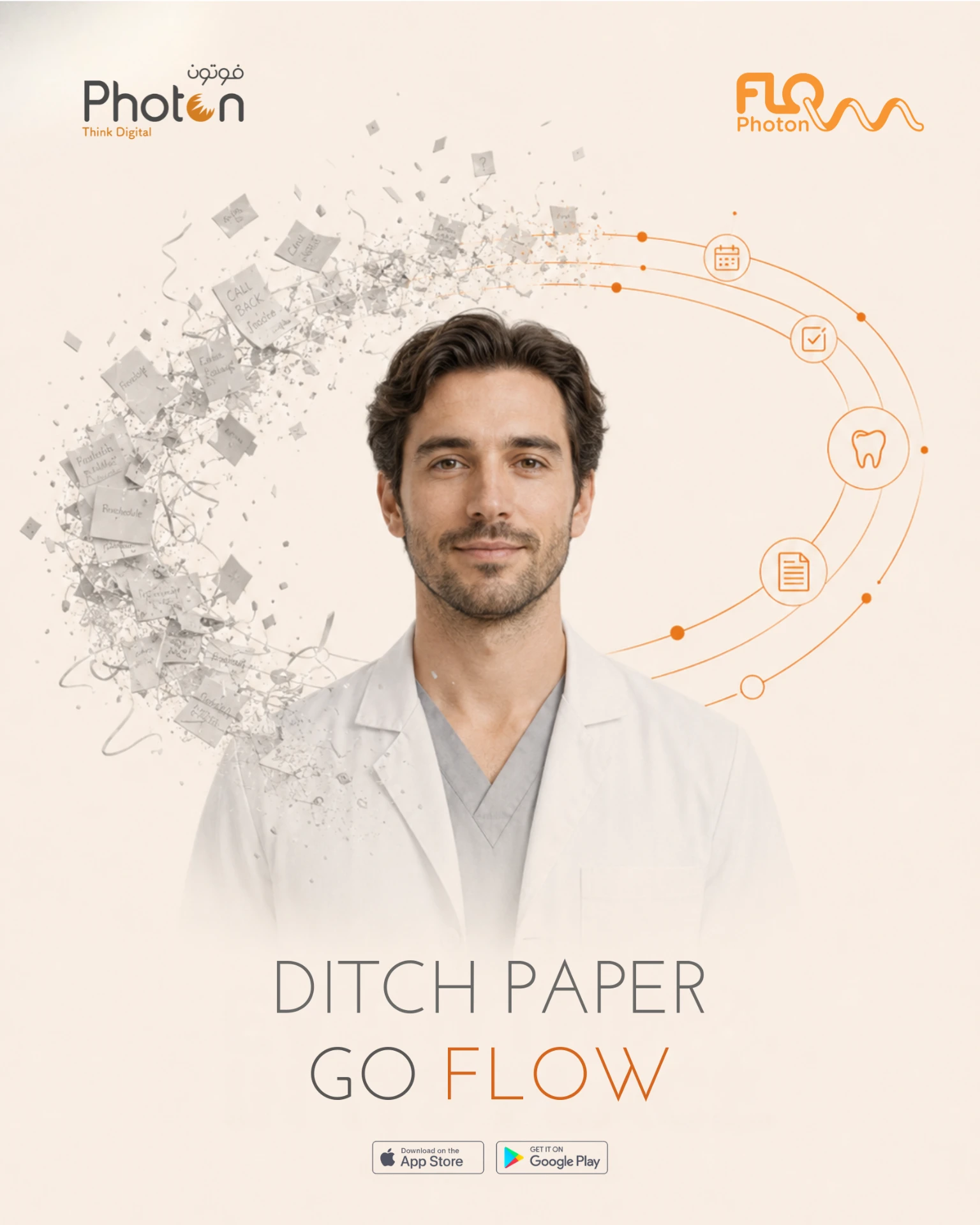 FLOW app awareness campaign design — clinician with paper notes dissolving into orange digital workflow icons, headline Ditch Paper Go Flow