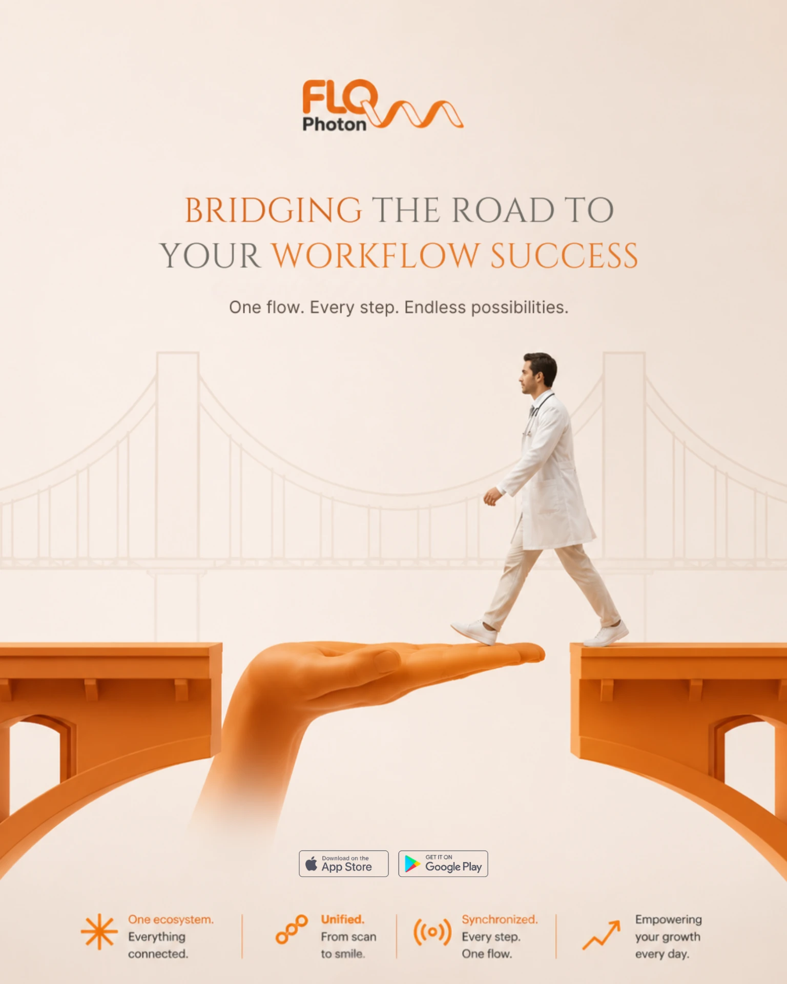 FLOW app awareness campaign design — orange hand bridging two spans as a clinician walks across, headline Bridging the Road to Your Workflow Success