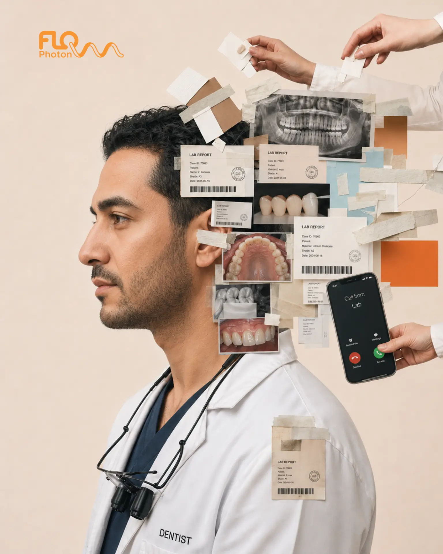FLOW app carousel design slide 1 — dentist in profile with lab reports, x-rays and a phone call collaged over his head, showing workflow overload