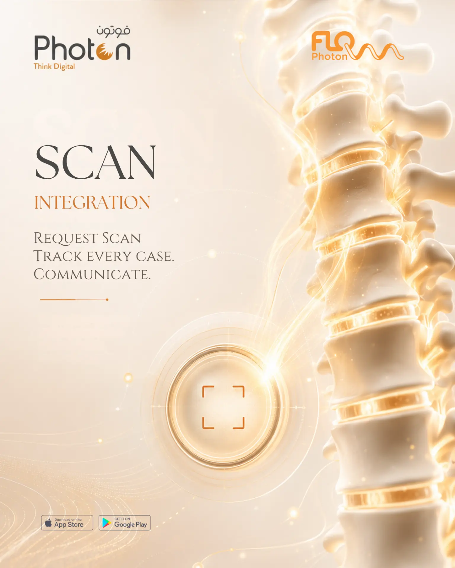 FLOW carousel slide 1 — glowing golden spine with a scan target icon, headline Scan Integration: request scan, track every case, communicate