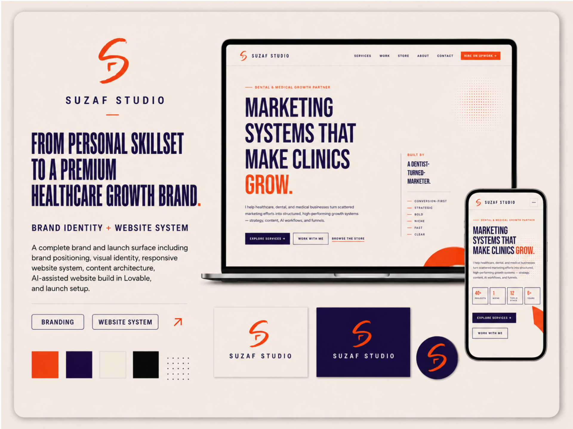 SUZAF Studio brand identity and website system case study cover — logo, palette, desktop and mobile site