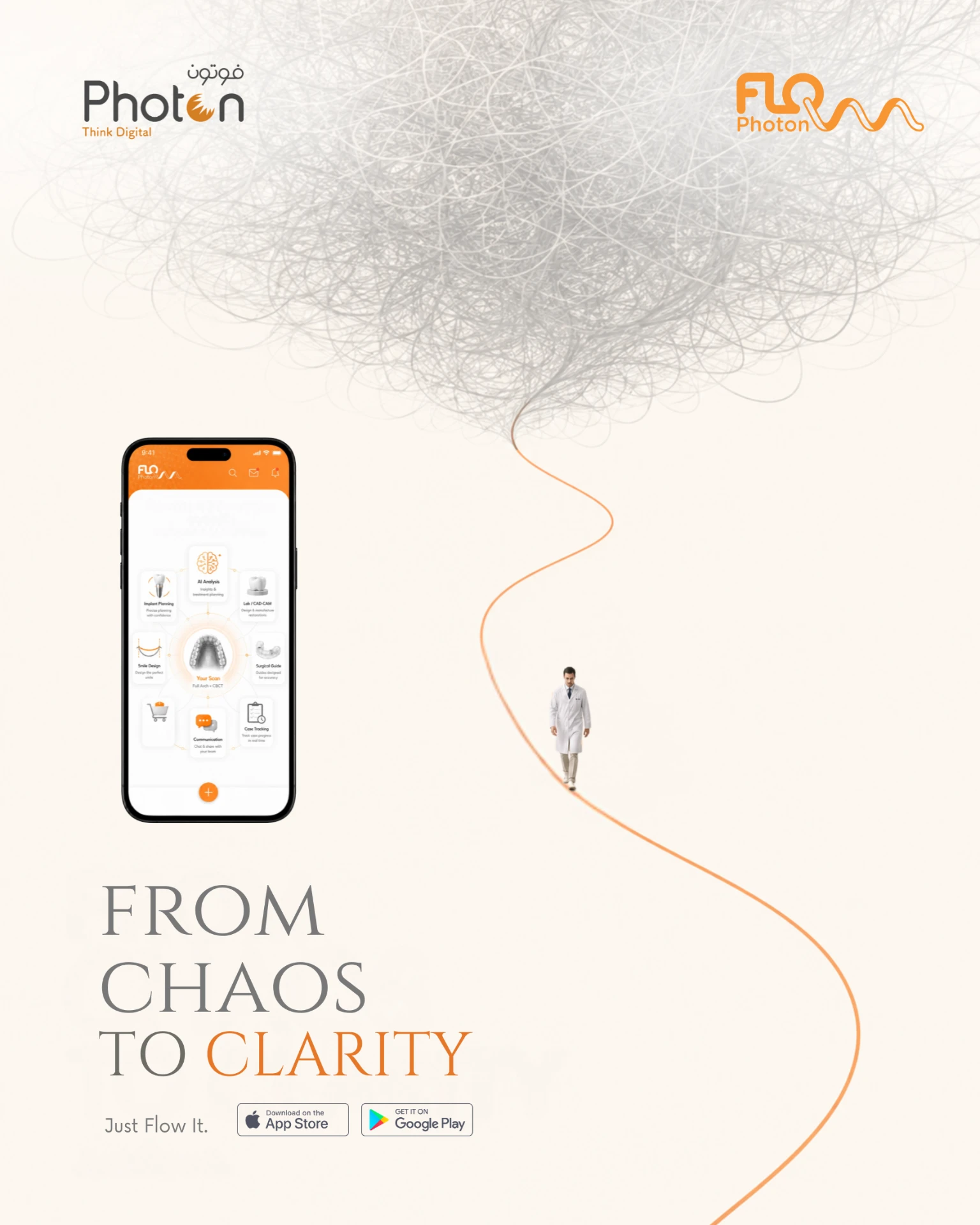 FLOW app awareness campaign design — tangled grey lines resolving into a single orange path beside the app interface, headline From Chaos to Clarity